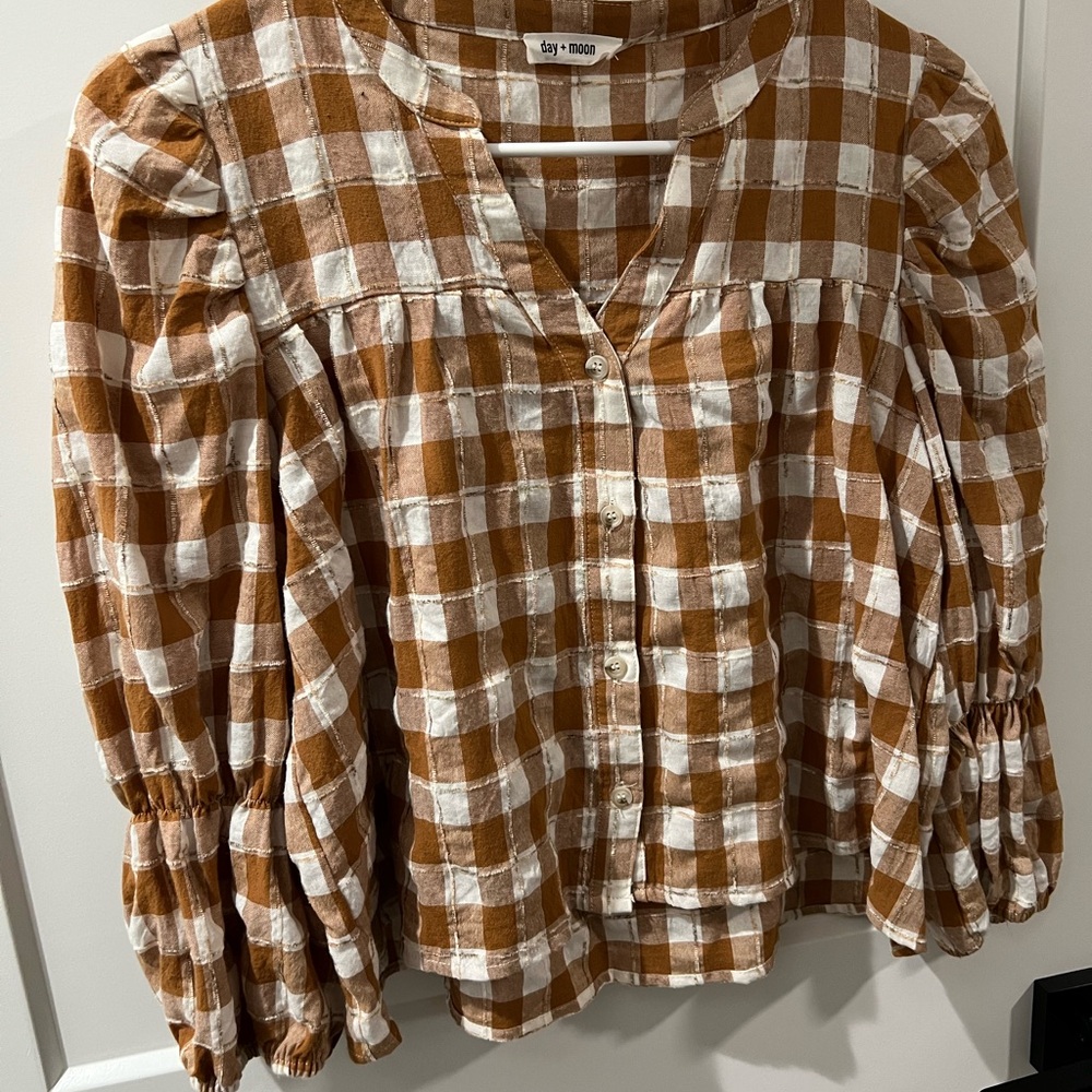 Brown Tan Puff Sleeve Blouse with Mandarin Collar